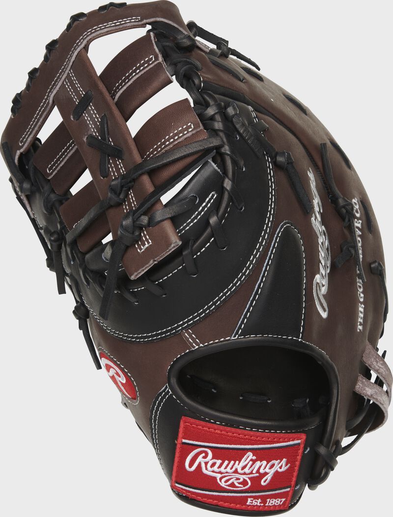 Back of a brown, left hand throw 13-Inch Heart of the Hide first base mitt is a red Rawlings patch - SKU: PRODCT2TPRO-RH