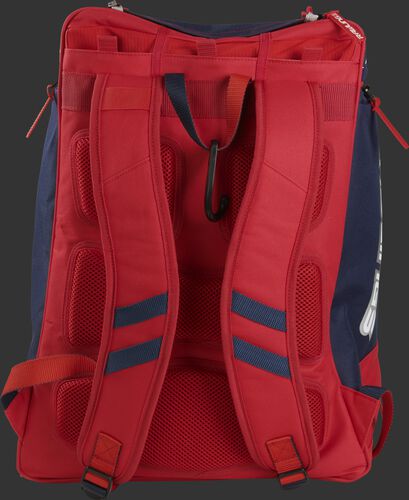 Back of a USA Rawlings Legion backpack with red shoulder straps - SKU: LEGION-USA