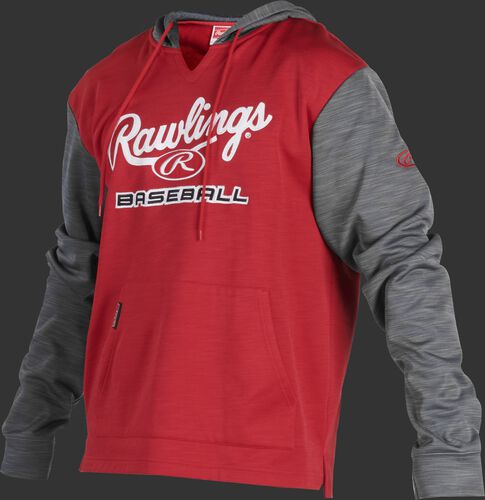 A scarlet Rawlings youth long sleeve hoodie with a Rawlings logo on the chest and heather gray sleeves - SKU: YPFH2PRBB-S/GR