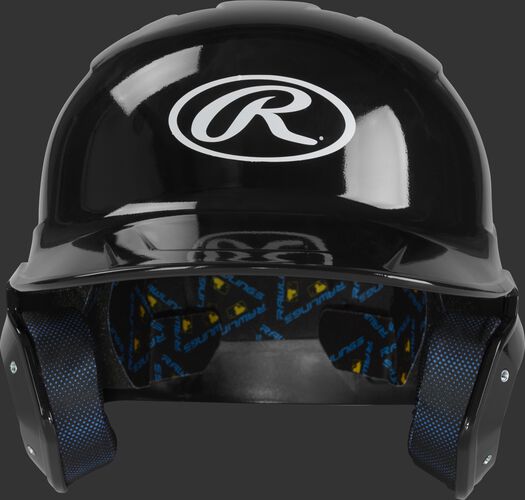 MCC01 Mach baseball batting helmet with a black clear coat shell and Oval R logo on the front