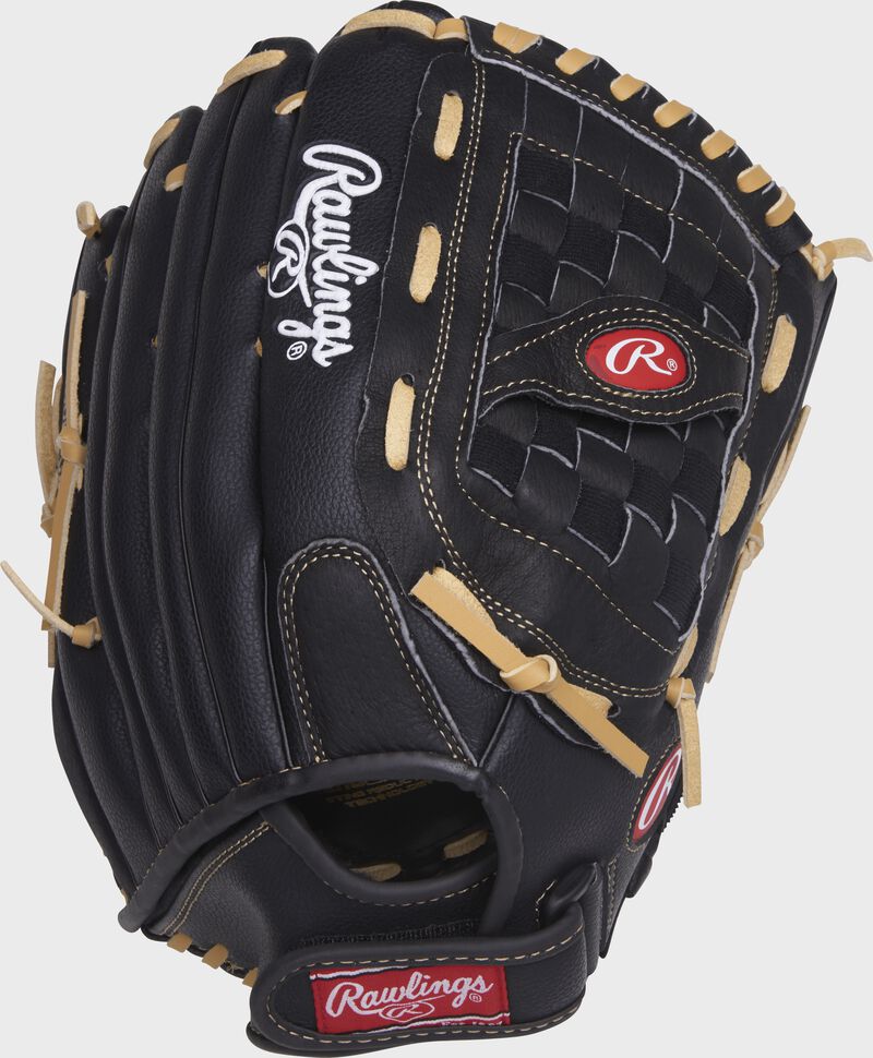 RSS140C 14-inch Rawlings Softball Series outfield glove with a black back and black Velcro wrist strap