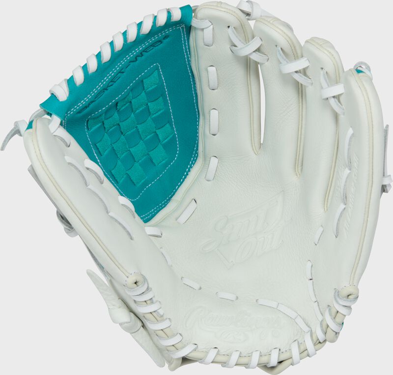 Palm of a white/teal Shut Out 12-inch Fastpitch Softball Glove loading=