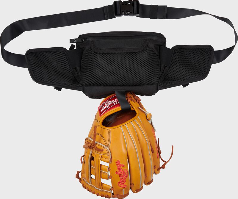 Back of a black Sling bag with a glove clipped to the external clip - SKU: RSLING-BK