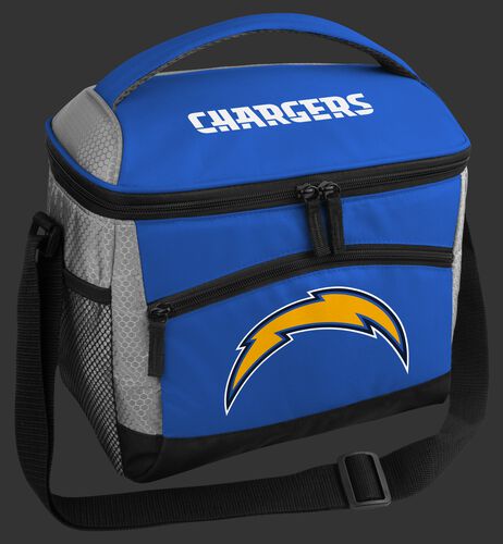 A blue Las Angeles Chargers 12 can soft sided cooler with a team logo on the front - SKU: 10111083112
