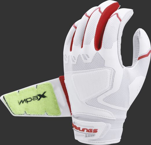 Back of a white/scarlet FPWPBG-S Workhorse batting glove with the Impax pad