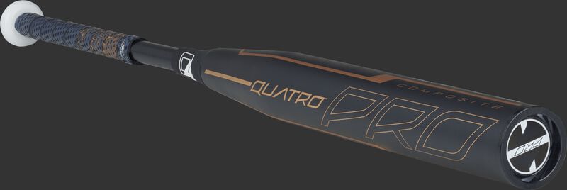3/4 view of a navy FPZP9 Quatro Pro softball bat with a navy barrel and rose gold accents