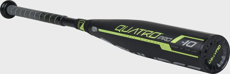 3/4 angle view of a UT9Q10 Rawlings USSSA Quatro Pro bat with a black end cap