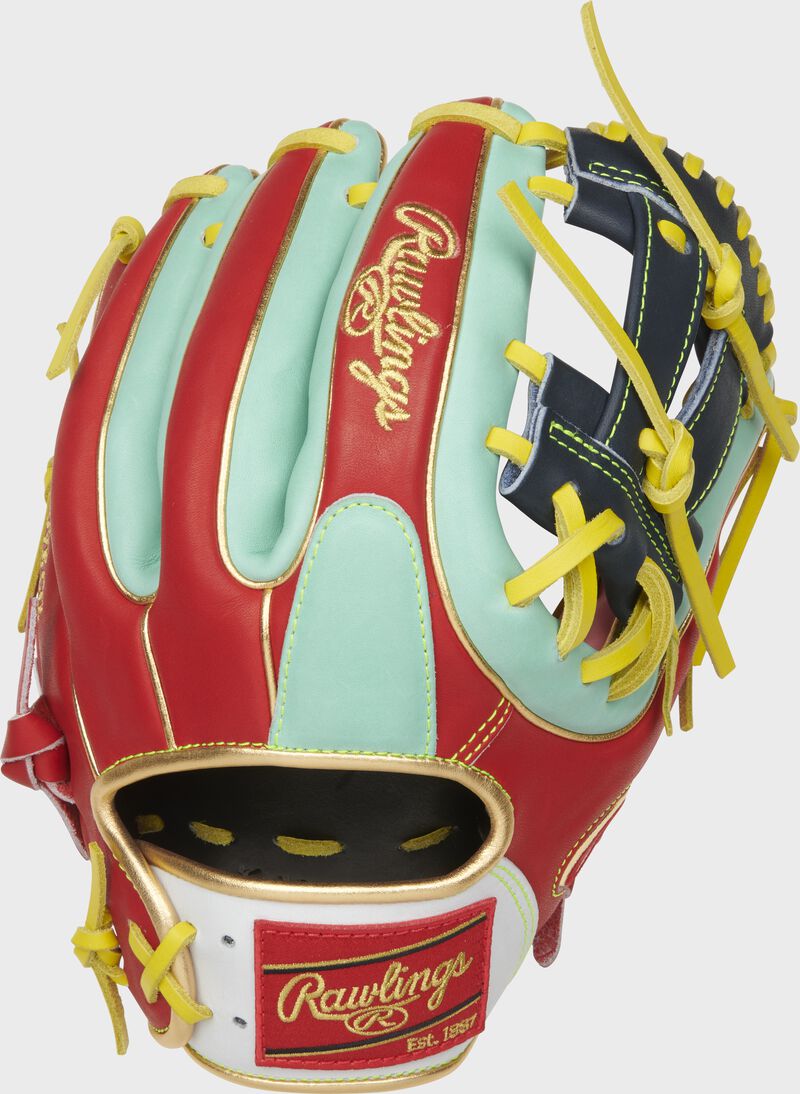 Back of a Kolten Wong Gameday 57 glove with scarlet back, mint trim and a mint finger pad - SKU: PRO314-7KW loading=