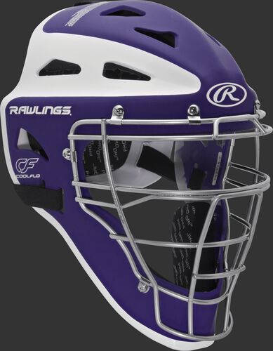 Front right of a purple/white CHVELY Rawlings Velo catcher's helmet