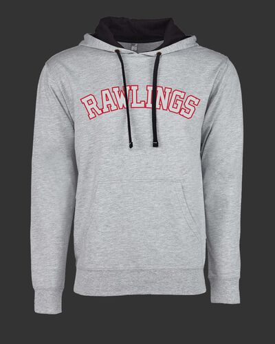 A gray Rawlings mid-weight French Terry hoodie with a black hood and red/white lettering on the chest - SKU: RSGFH-G