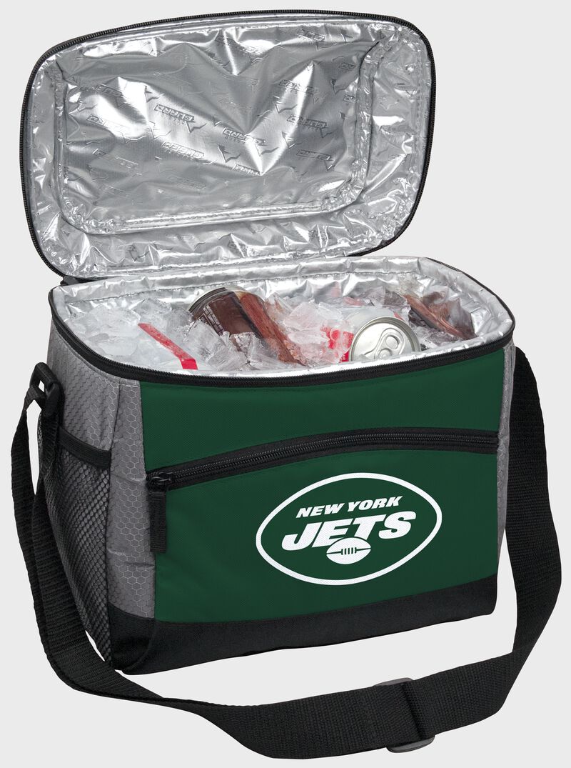 An open New York Jets 12 can cooler with ice and drinks