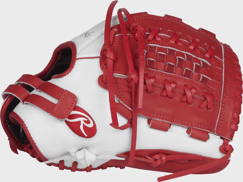RLA125-18WS Liberty Advanced Color Series 12.5-inch fastpitch glove with a white thumb and scarlet Double-Laced Basket web