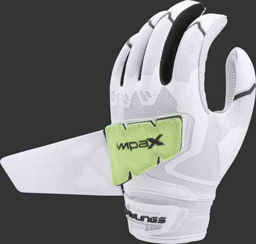 A white/black FPWPBG-B women's Rawlings Workhorse batting glove with the Impax pad attached to the back