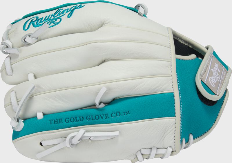 Finger backs of a white/teal Shut Out 11.5-inch Fastpitch Softball Glove