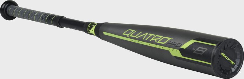 US9Q8 2019 Quatro Pro USA bat with a grey/black barrel and grey/black grip