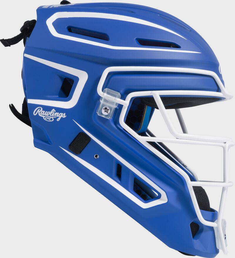 Right side of a royal Rawlings Mach Pro Series catcher's helmet loading=