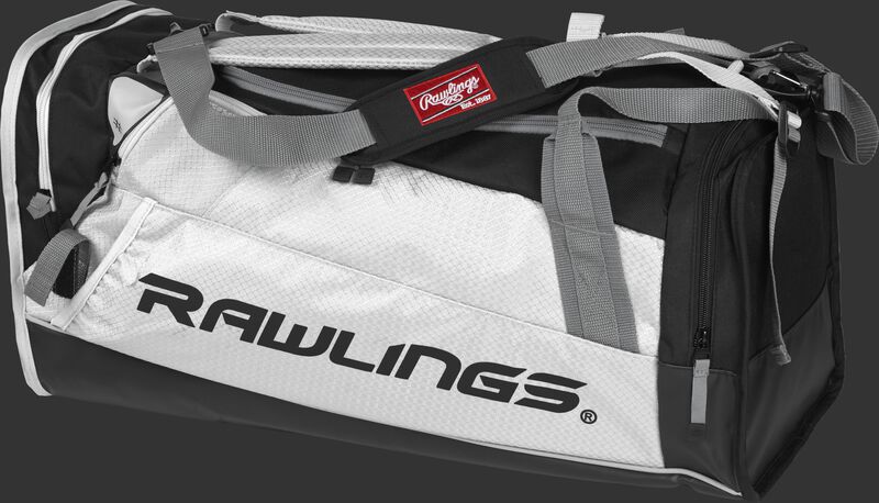 Side angle view of a white R601 Rawlings Hybrid duffel backpack