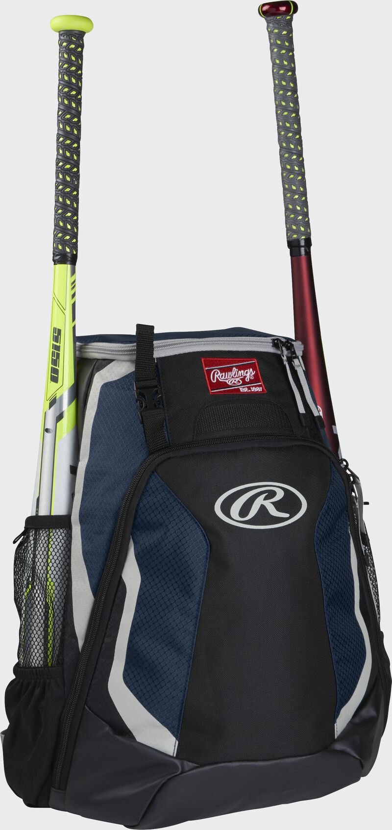 Right side of a black/navy R500 Rawlings baseball backpack with a white bat in the bat sleeve