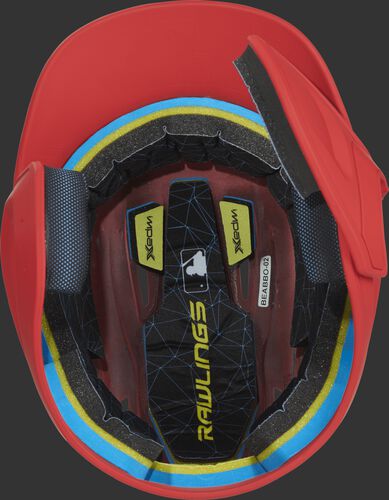 Inside of a MACHEXTR Rawlings MACH baseball helmet with IMPAX durable foam padding