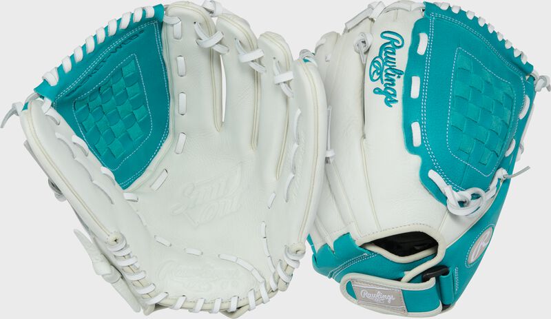 Two images showing the palm & back of a white/teal Shut Out 12-inch Fastpitch Softball Glove