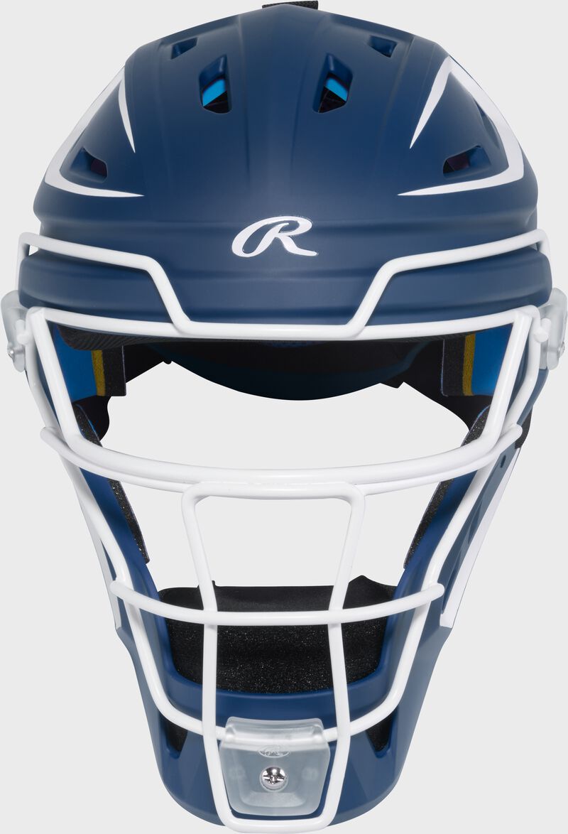 Front of a navy Rawlings Mach Pro Series catcher's helmet loading=