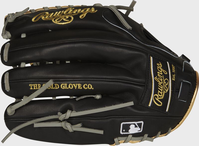 Pinky back view of black, gold, and gray 2021 Pro Preferred 12.75-inch outfield glove | Mike Trout Pattern