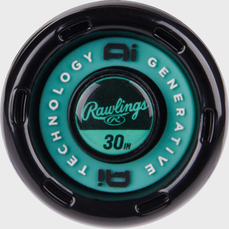 Black/mint knob of a Rawlings Mach AI 30 in -10 USSSA bat