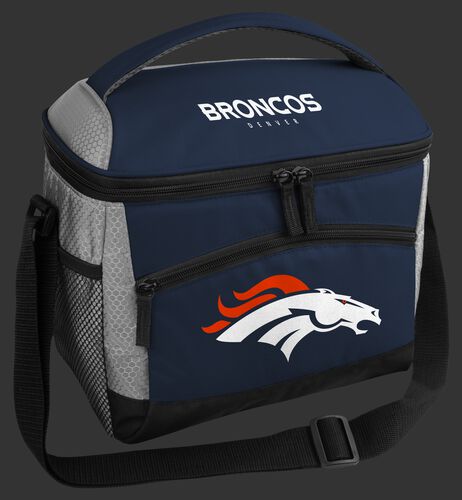 A blue Denver Broncos 12 can soft sided cooler with a team logo on the front - SKU: 10111066111