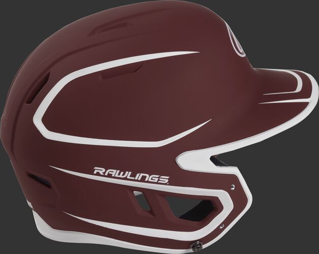 Right side of a two-tone matte cardinal/white MACH helmet