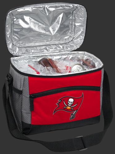 An open Tampa Bay Buccaneers 12 can cooler filled with ice and drinks - SKU: 10111086111