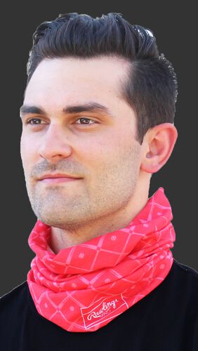 A guy wearing a red adult multi-functional neck gaiter around his neck - SKU: RC40005-600