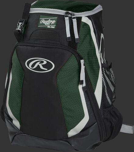 Left side of a black/dark green R500 Players team backpack with white trim