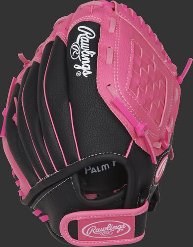 Back of a black/pink Storm 10-inch basket web softball glove with a velcro wrist strap - SKU: ACAST10BP