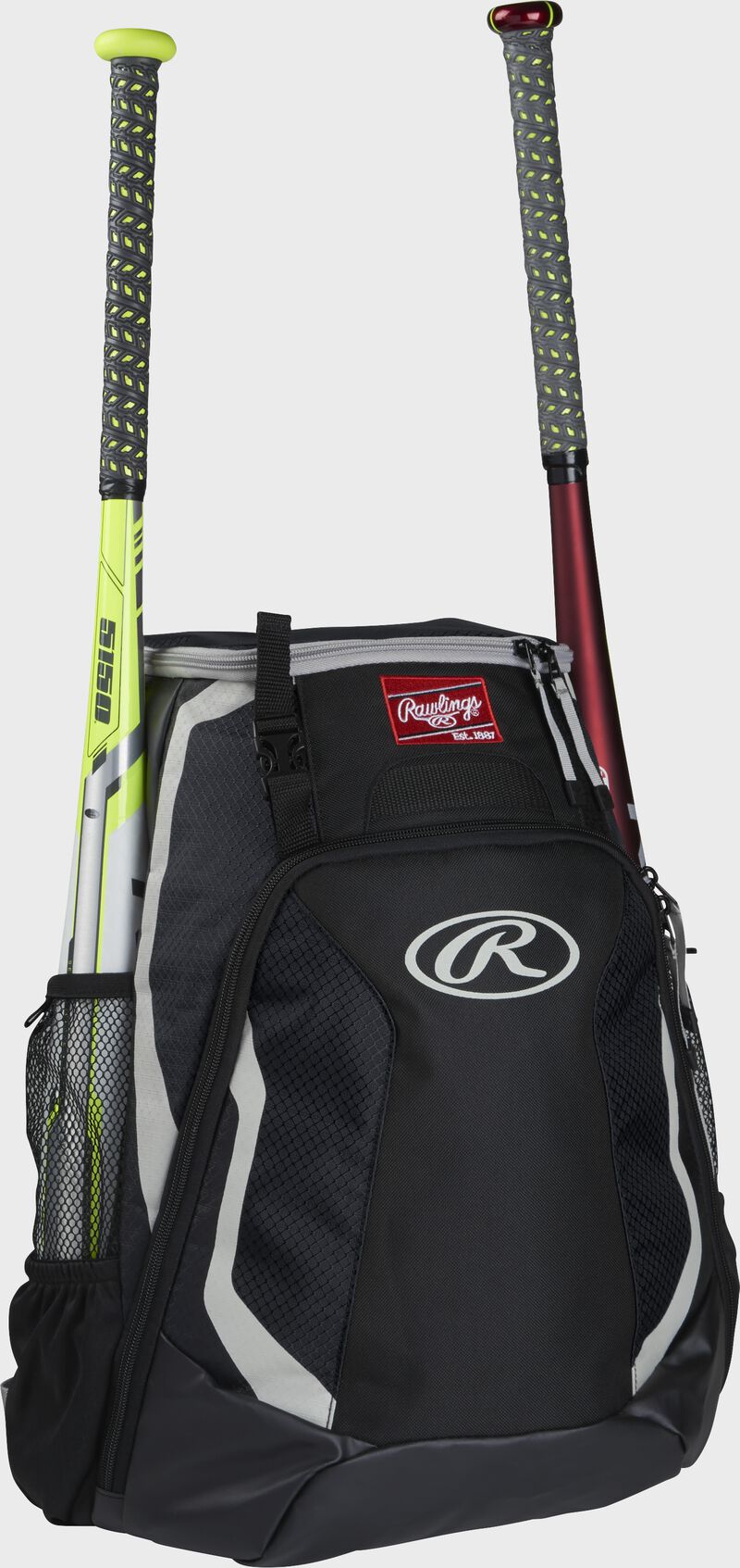 Right side of a black R500 Rawlings baseball backpack with a white bat in the bat sleeve