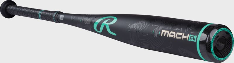 Angled view of a black Mach AI -8 USSSA baseball bat with the "R" logo above the handle