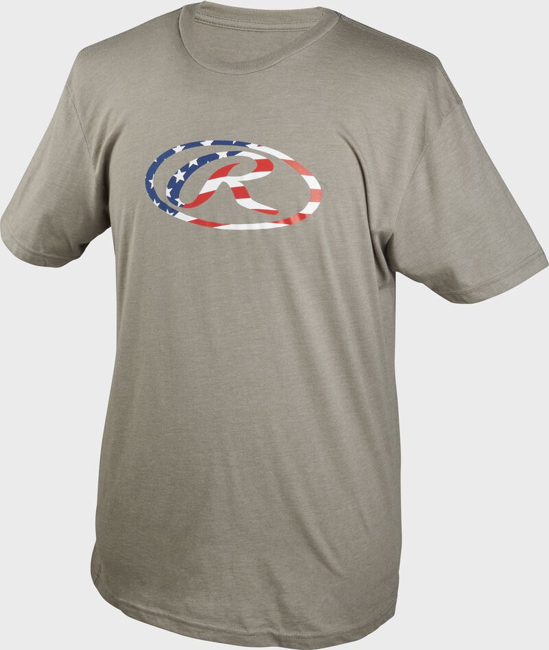 A gray Rawlings Stars & Stripes Oval-R short sleeve shirt with an American flag themed Oval-R on the chest - SKU: FLM2