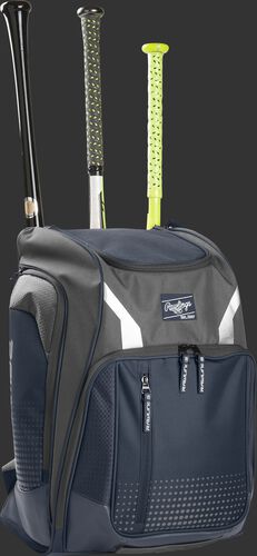 Front angle view of a Rawlings Legion bag with 3 bats in the back - SKU: LEGION-N