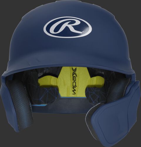 Front of a matte navy MACHEXTR high school/college Mach batting helmet with face guard extension for right hand batters
