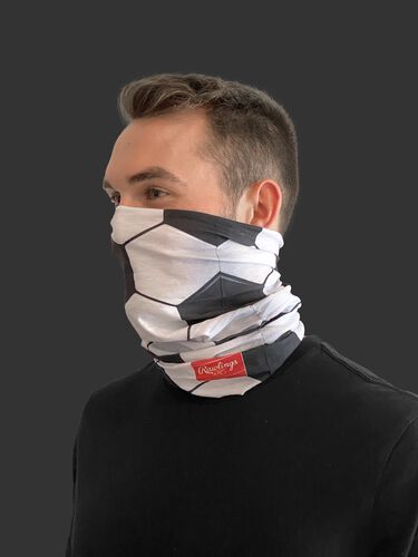 Side view of a guy wearing a Rawlings adult multi-functional head and face gear cover over his mouth & nose - SKU: RC40006-100