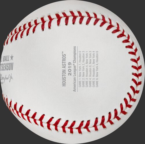 Game scores on the ALCS19CHMP baseball commemorating the Houston Astros American League Championship