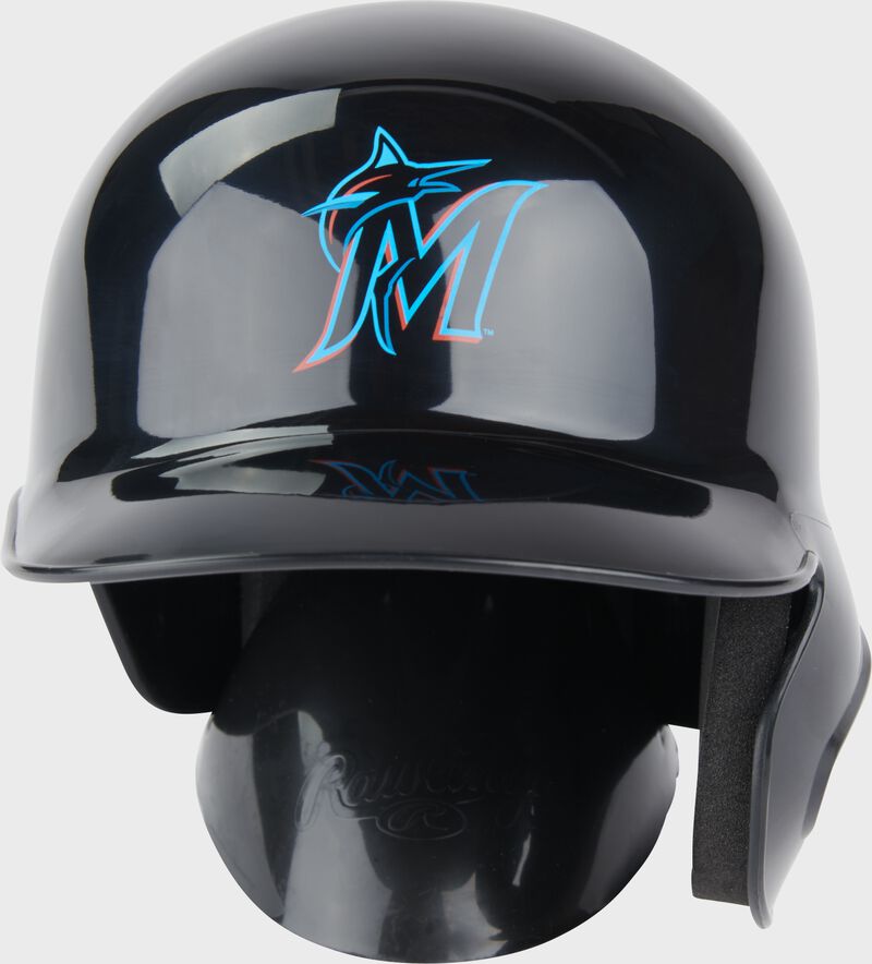 A black Miami Marlins mini replica helmet