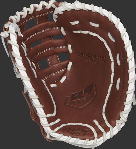 Palm view of a brown R9SBFBM-17DB Rawlings 12.5-inch softball first base mitt with a brown palm and white laces