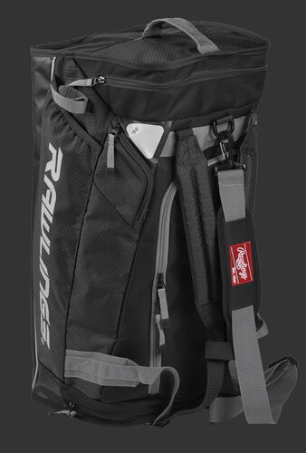Angled view of a black R601 Rawlings hybrid bag standing up like a backpack