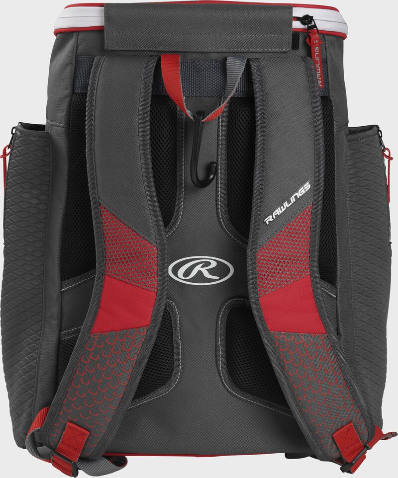 Back of a scarlet Rawlings Impulse baseball backpack with gray shoulder straps - SKU: IMPLSE-S