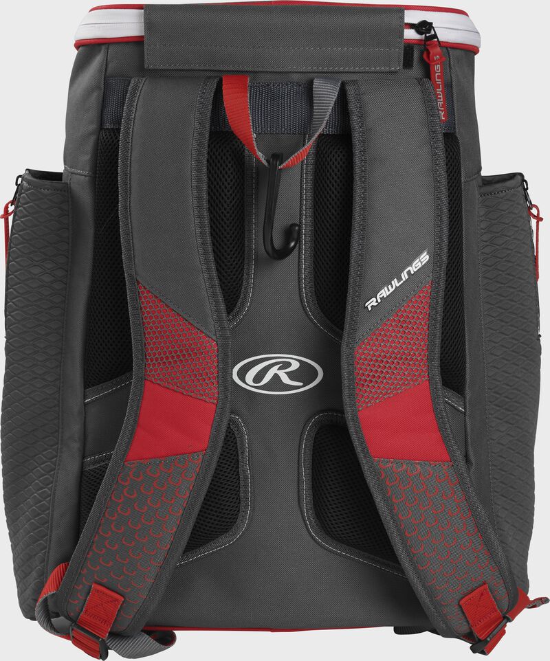 Back of a scarlet Rawlings Impulse baseball backpack with gray shoulder straps - SKU: IMPLSE-S image number null