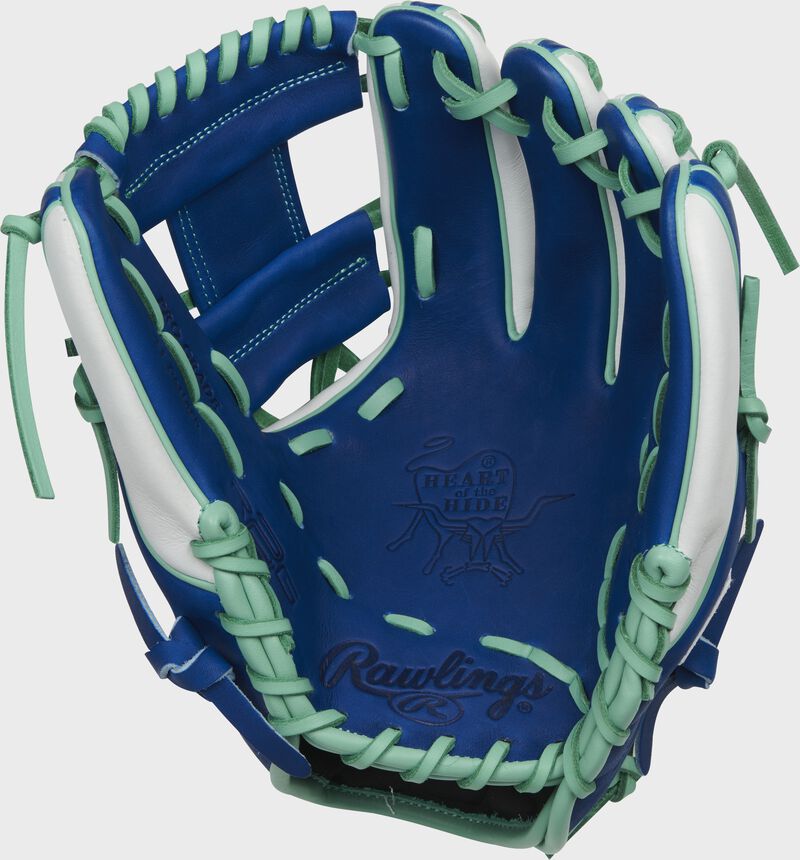 Royal palm of a Rawlings Heart of the Hide R2G infield glove with mint laces - SKU: PROR314-2RW