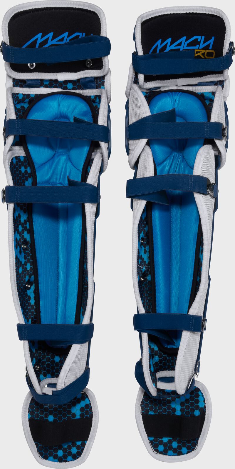 Front of a set of navy Rawlings Mach Pro Series leg guards with the leg straps connected loading=