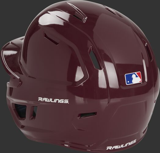 Back left of a maroon MCH01A Mach baseball batting helmet with optimized air ventilation