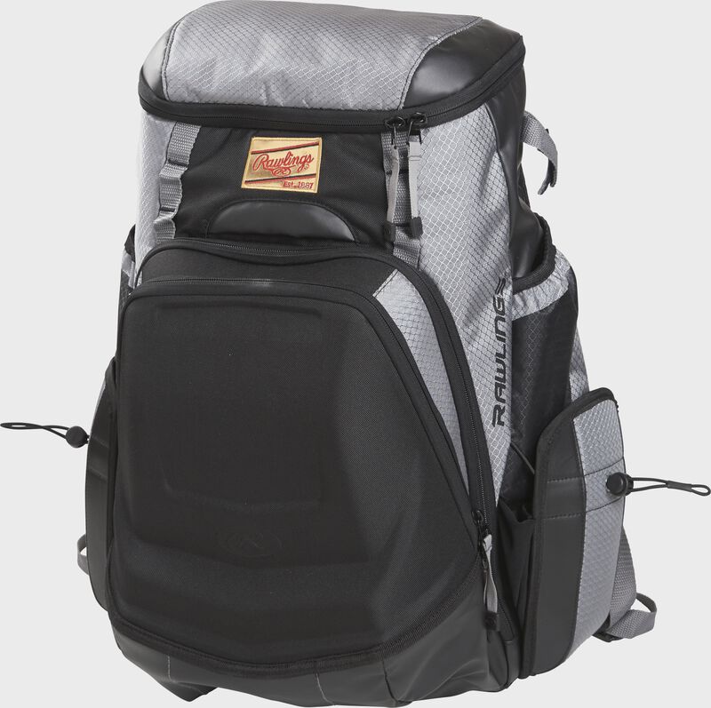 Front left of a black/gray R1000 Rawlings Gold Glove Series equipment bag 