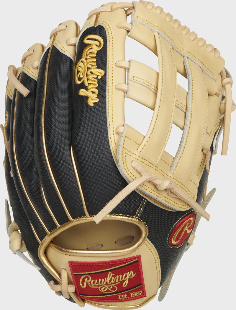 Black Speed Shell back of a Heart of the Hide R2G H-web ContoUR fit outfield glove with a red Rawlings patch - SKU: PROR3028U-6C